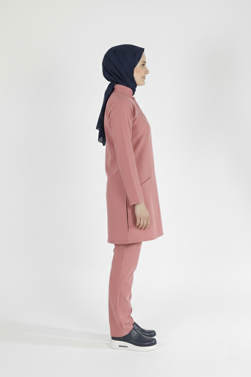 Gül Kurusu Likralı Tesettür Scrubs Doktor Hemşire Forması Tek Üst