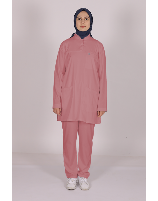 Gül Kurusu Likralı Tesettür Scrubs Doktor Hemşire Forması Tek Üst