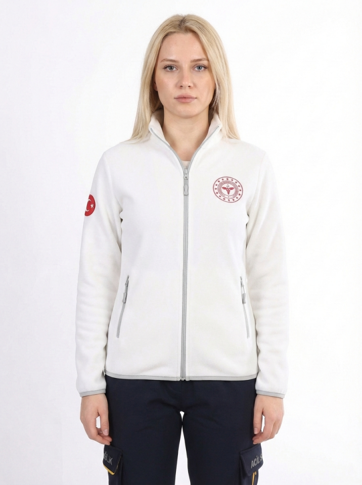 112 Acil Sağlık Hırka Tam Fermuarlı Üç İplik Şardonlu Dik Yaka Beyaz Unisex