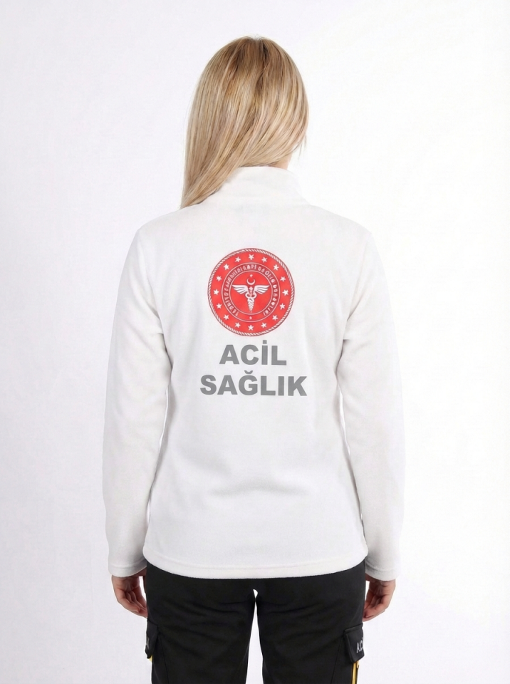 112 Acil Sağlık Hırka Tam Fermuarlı Üç İplik Şardonlu Dik Yaka Beyaz Unisex