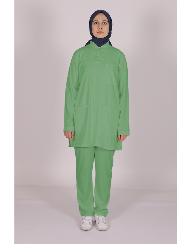 Çağla Yeşili Likralı Tesettür Scrubs Doktor Hemşire Forması Tek Üst