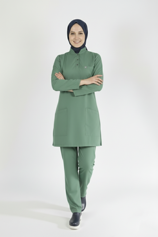 Çağla Yeşili Likralı Tesettür Scrubs Doktor Hemşire Forması Tek Üst