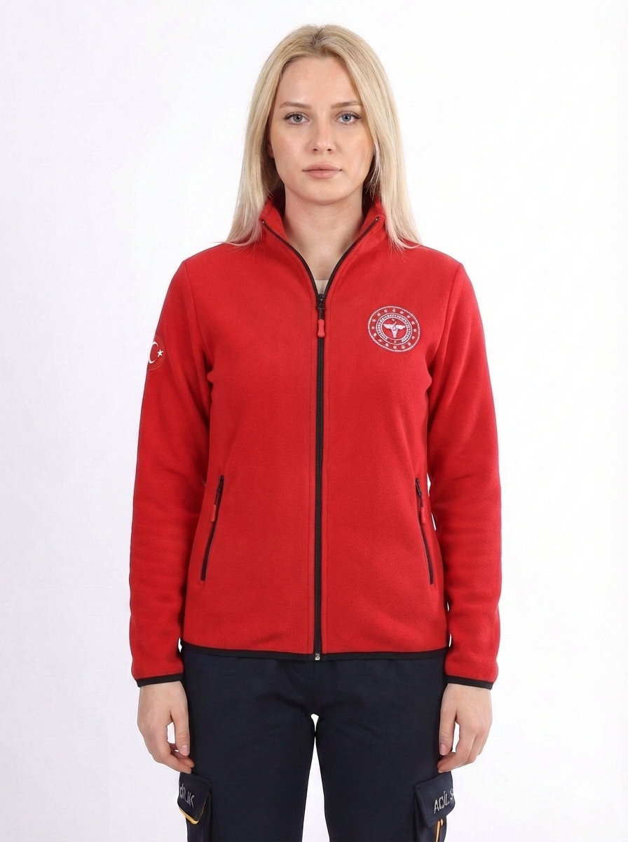 112 Acil Sağlık Hırka Tam Fermuarlı Üç İplik Şardonlu Dik Yaka Kırmızı Unisex