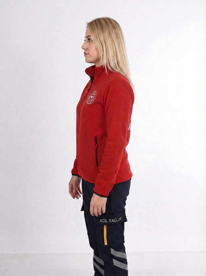 112 Acil Sağlık Hırka Tam Fermuarlı Üç İplik Şardonlu Dik Yaka Kırmızı Unisex