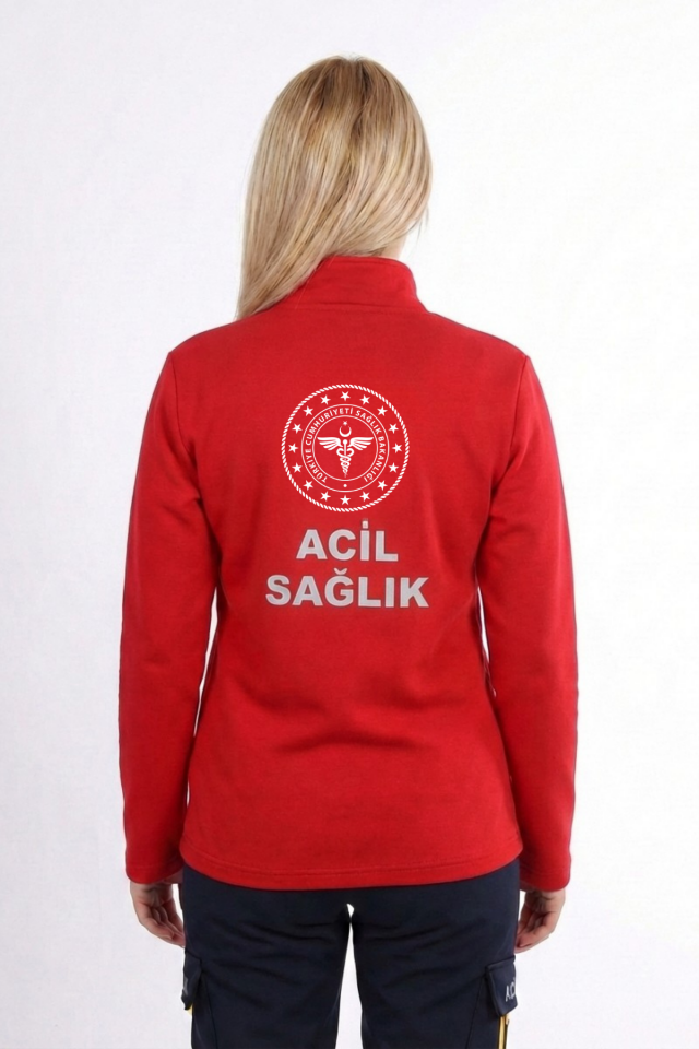 112 Acil Sağlık Hırka Tam Fermuarlı Üç İplik Şardonlu Dik Yaka Kırmızı Unisex