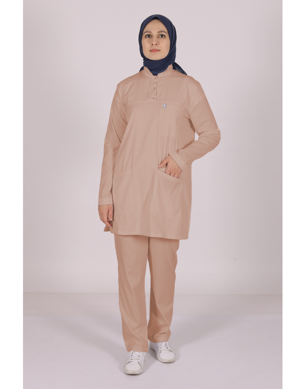 Bej Likralı Tesettür Scrubs Doktor Hemşire Forması Tek Üst