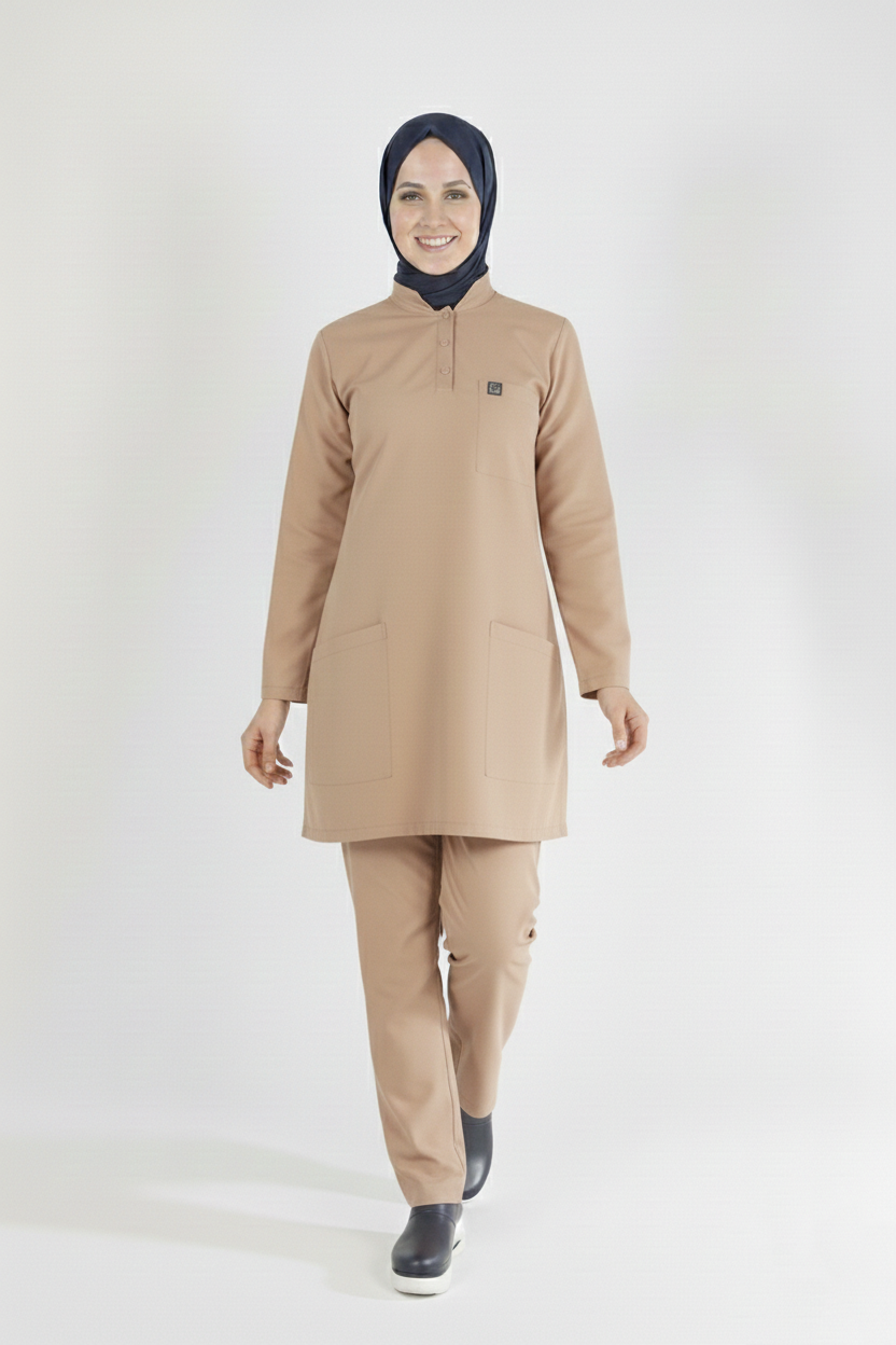 Bej Likralı Tesettür Scrubs Doktor Hemşire Forması Tek Üst