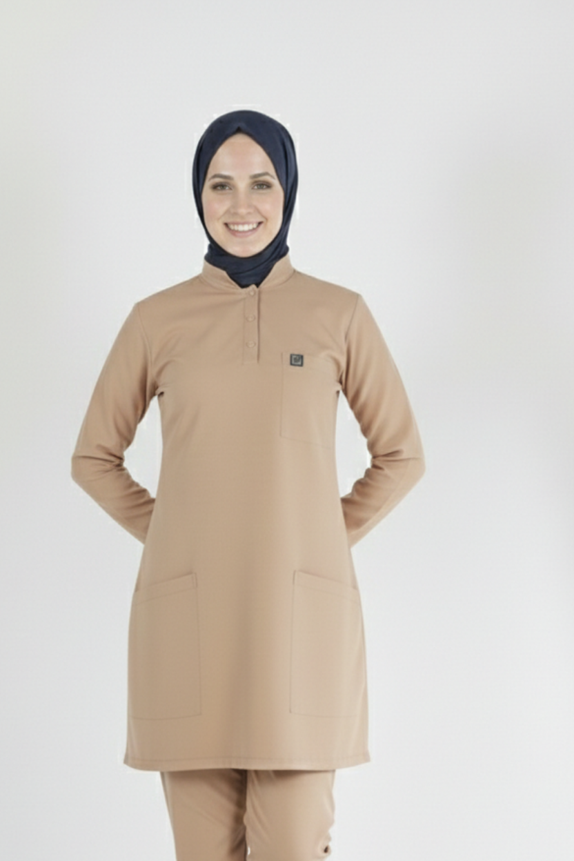 Bej Likralı Tesettür Scrubs Doktor Hemşire Forması Tek Üst