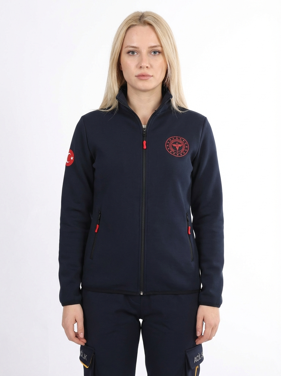 112 Acil Sağlık Hırka Tam Fermuarlı Üç İplik Şardonlu Dik Yaka Lacivert Unisex