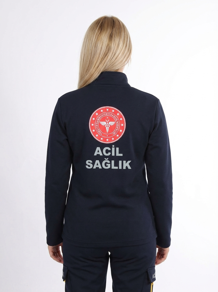 112 Acil Sağlık Hırka Tam Fermuarlı Üç İplik Şardonlu Dik Yaka Lacivert Unisex