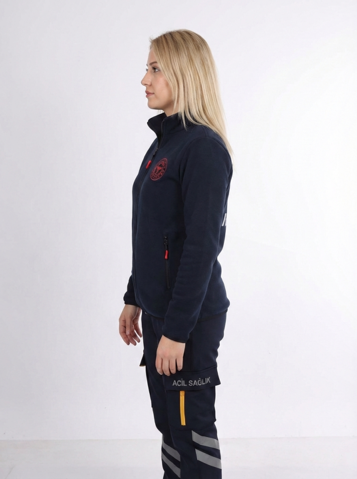 112 Acil Sağlık Hırka Tam Fermuarlı Üç İplik Şardonlu Dik Yaka Lacivert Unisex