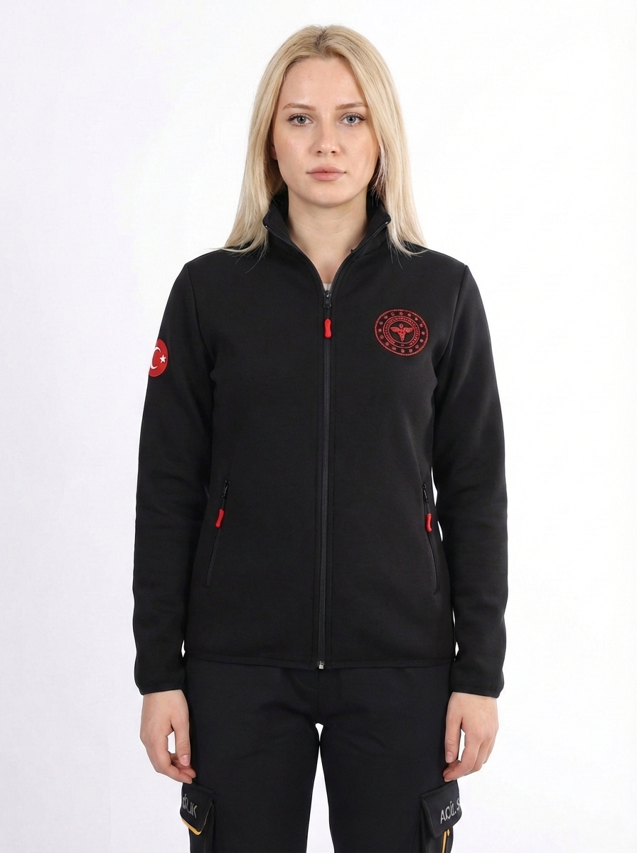 112 Acil Sağlık Hırka Tam Fermuarlı Üç İplik Şardonlu Dik Yaka Siyah Unisex