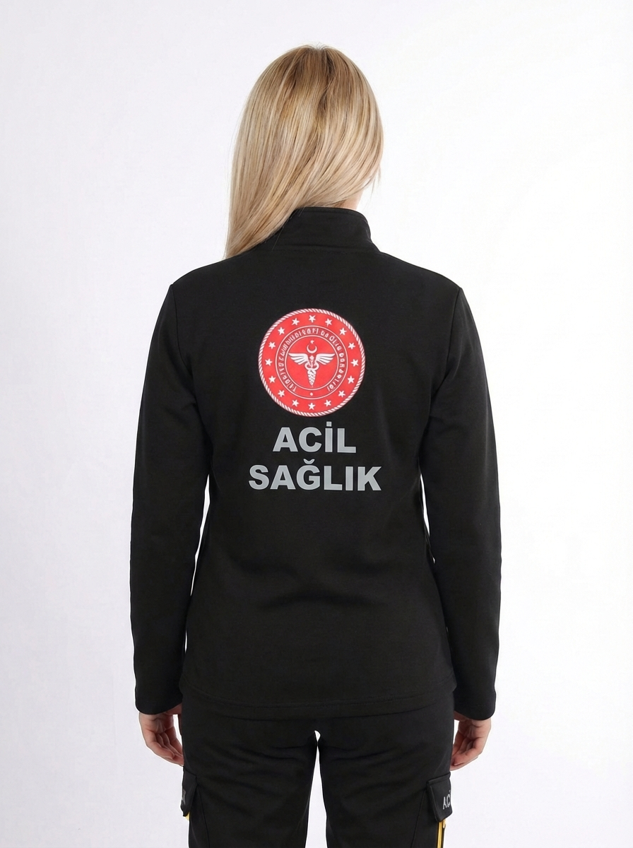 112 Acil Sağlık Hırka Tam Fermuarlı Üç İplik Şardonlu Dik Yaka Siyah Unisex