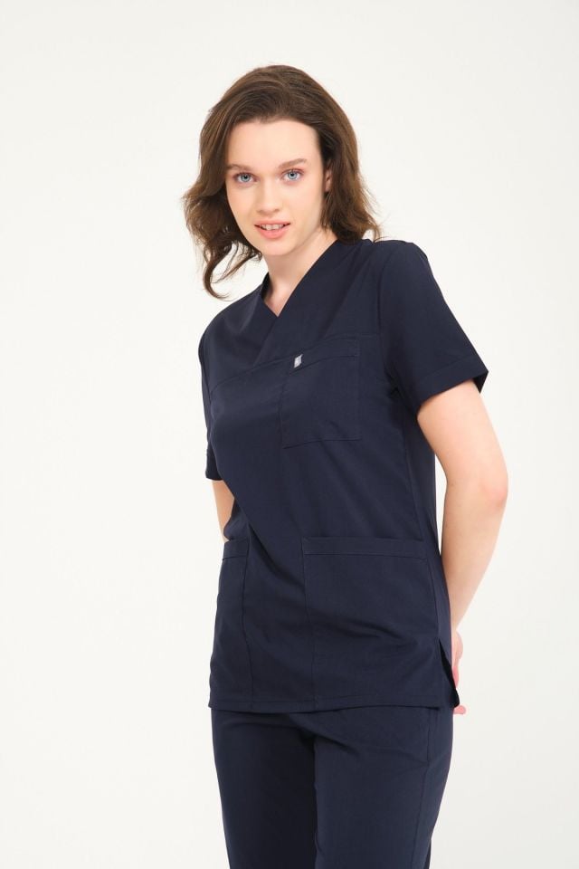 Lacivert Likralı Zarf Yaka Scrubs Doktor Hemşire Forması Tek Üst