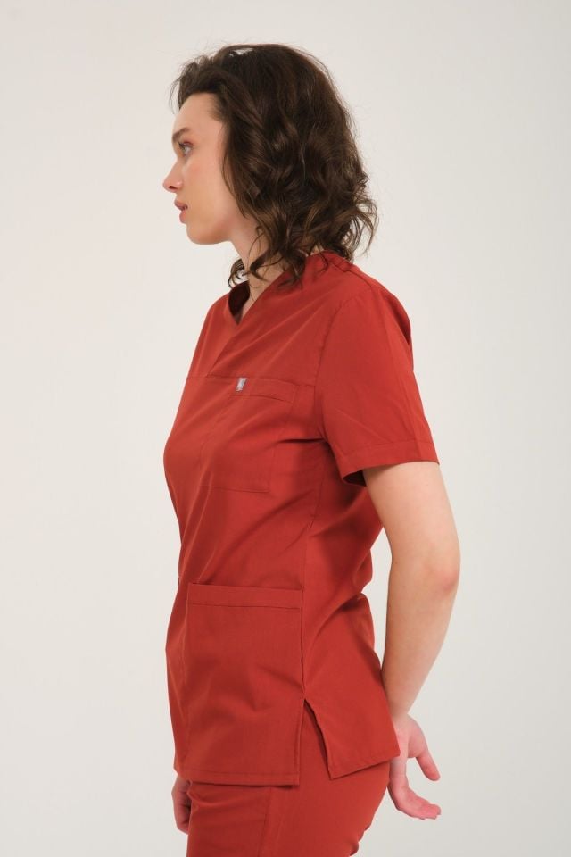 Kiremit Likralı Zarf Yaka Scrubs Doktor Hemşire Forması Tek Üst