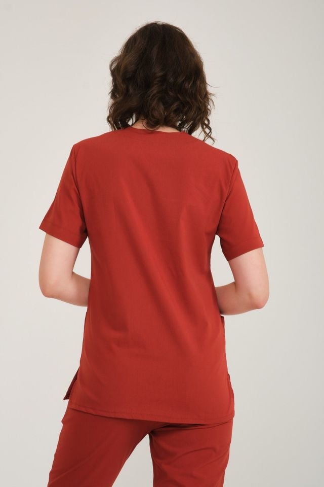 Kiremit Likralı Zarf Yaka Scrubs Doktor Hemşire Forması Tek Üst