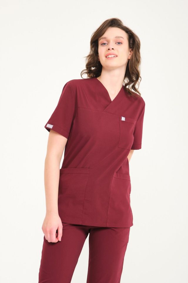 Bordo Likralı Zarf Yaka Scrubs Doktor Hemşire Forması Tek Üst