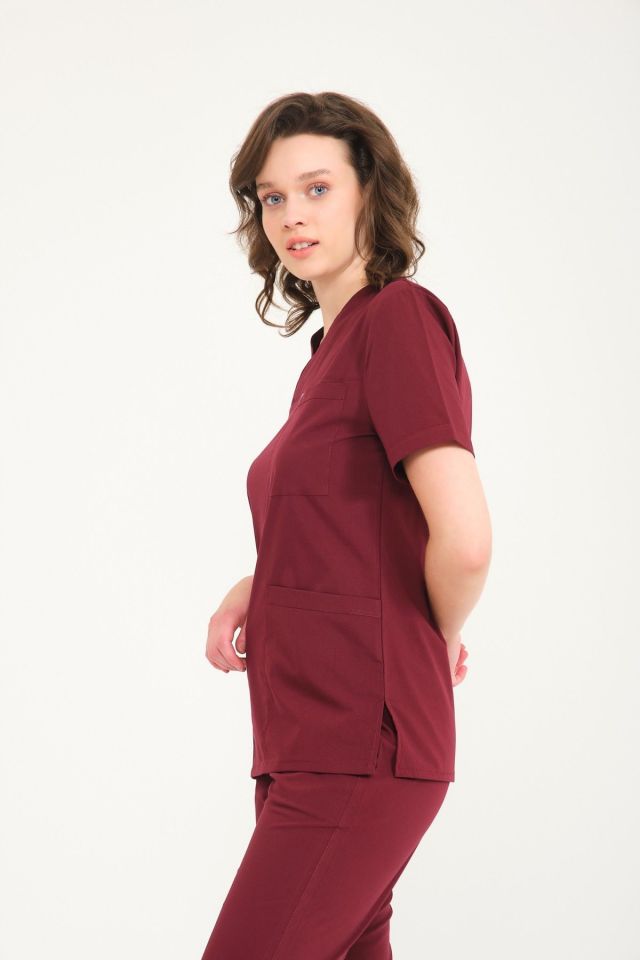 Bordo Likralı Zarf Yaka Scrubs Doktor Hemşire Forması Tek Üst