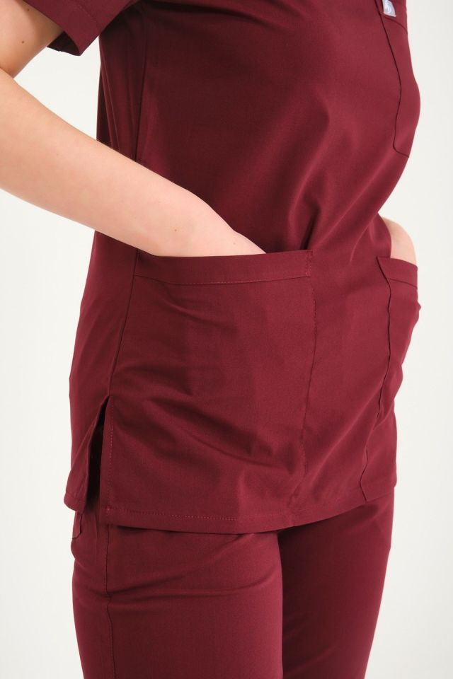 Bordo Likralı Zarf Yaka Scrubs Doktor Hemşire Forması Tek Üst