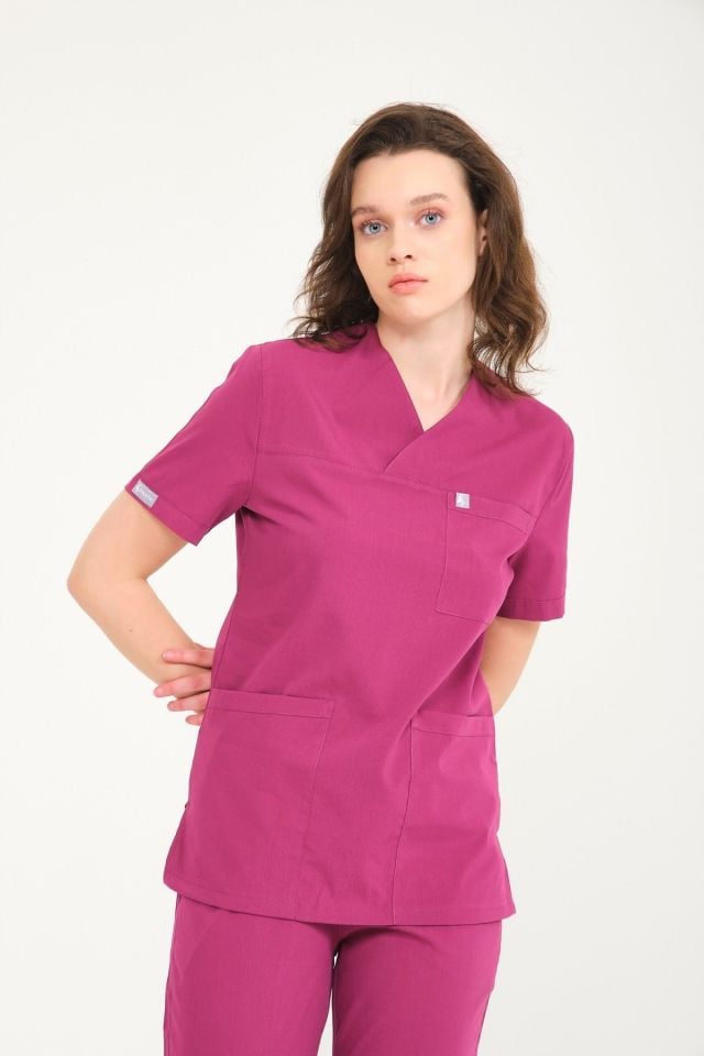 Vişne Likralı Zarf Yaka Scrubs Doktor Hemşire Forması Tek Üst