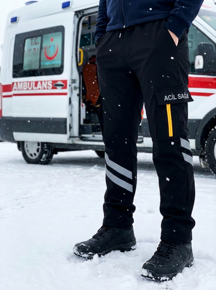 Kışlık Siyah Likralı 112 Acil Sağlık Pantolonu Unisex