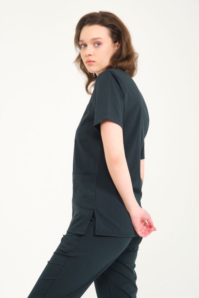 Ördek Yeşil Likralı Zarf Yaka Scrubs Doktor Hemşire Forması Tek Üst