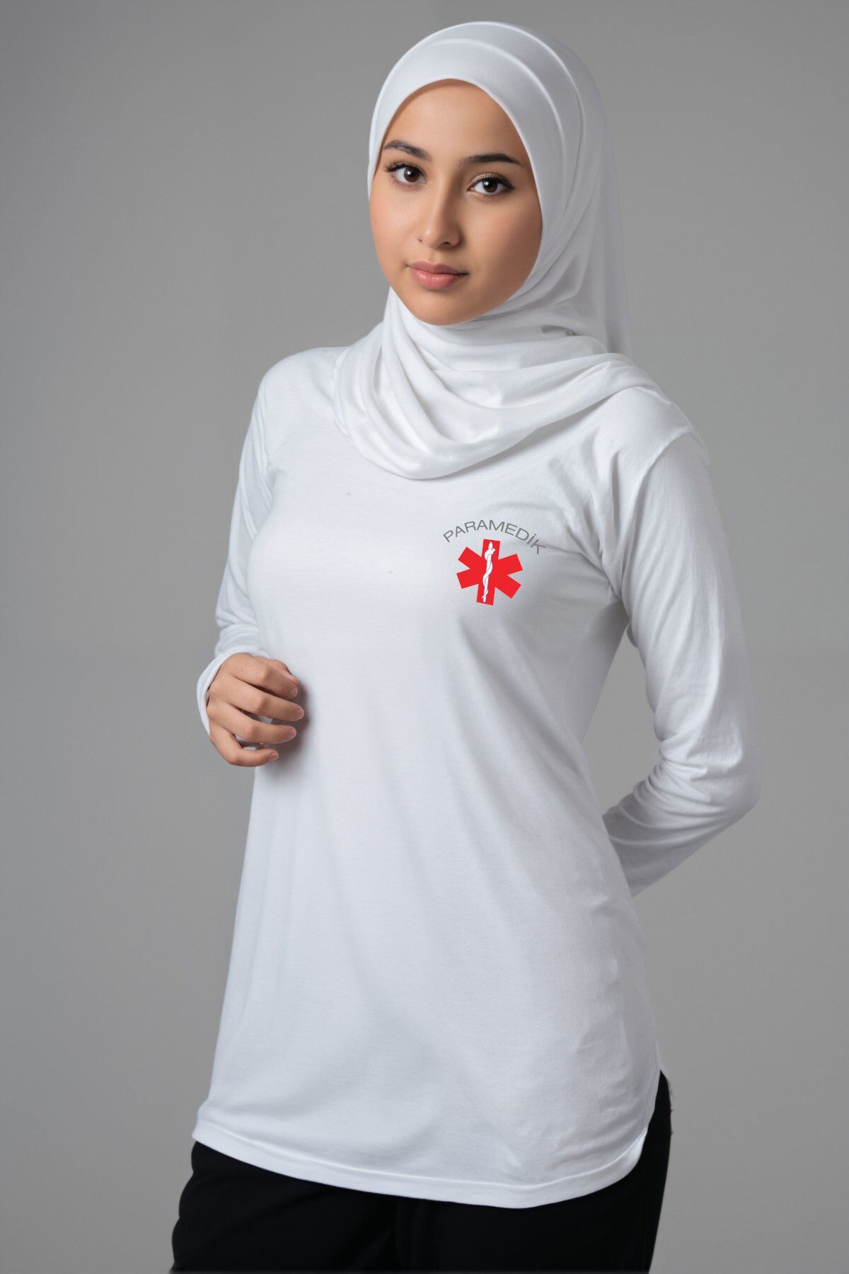 Beyaz Paramedik Tesettür Bisiklet Yaka Uzun Boy Penye Tişört