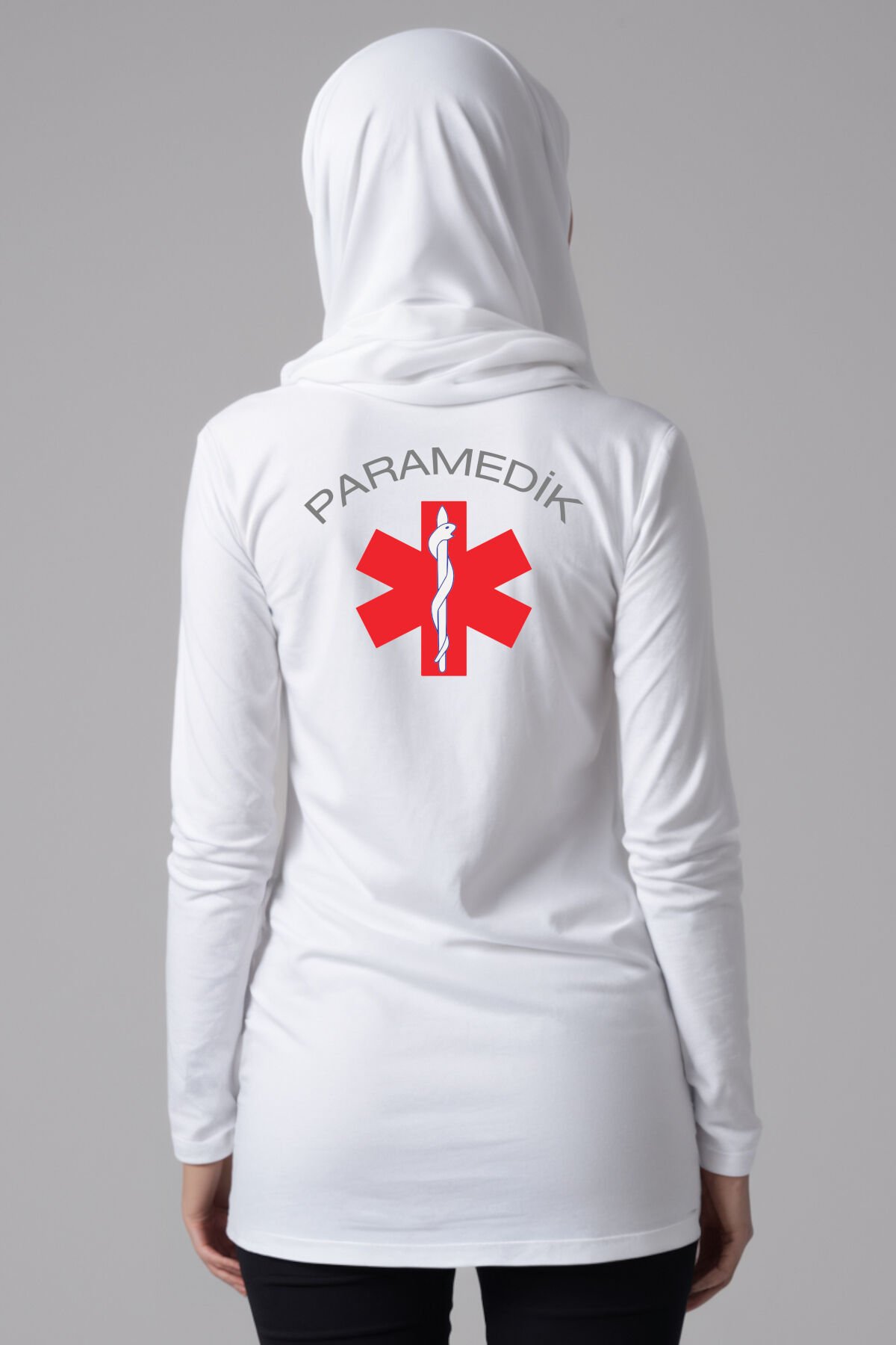 Beyaz Paramedik Tesettür Bisiklet Yaka Uzun Boy Penye Tişört