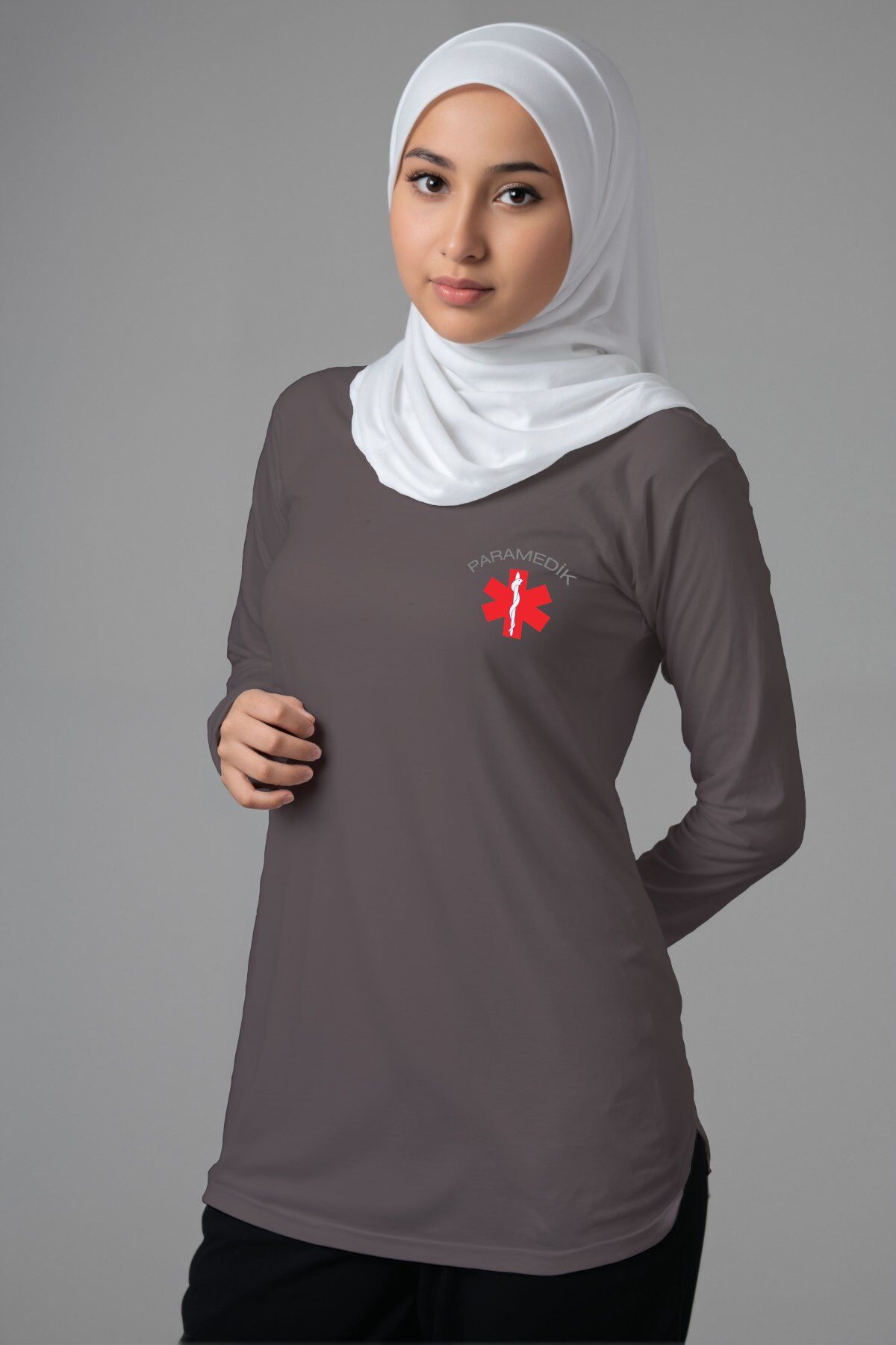 Gri Paramedik Tesettür Bisiklet Yaka Uzun Boy Penye Tişört