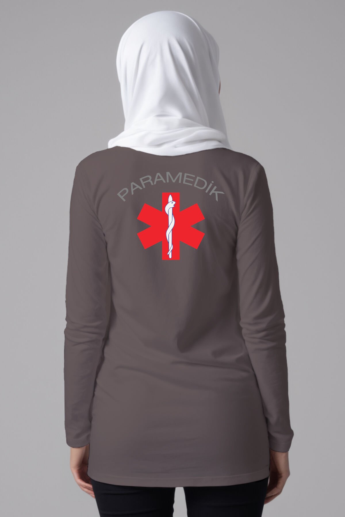 Gri Paramedik Tesettür Bisiklet Yaka Uzun Boy Penye Tişört