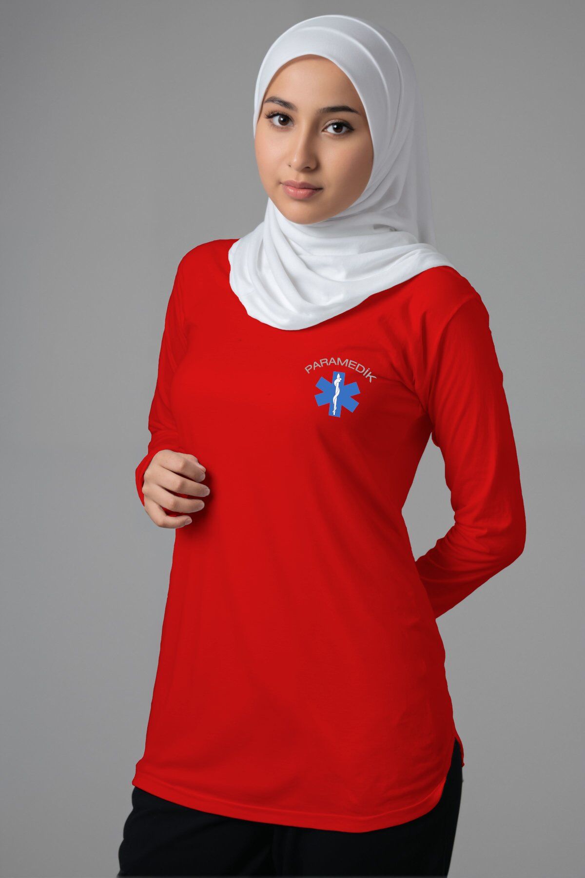 Kırmızı Paramedik Tesettür Bisiklet Yaka Uzun Boy Penye Tişört