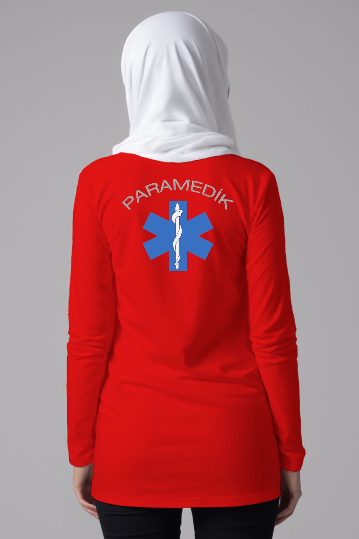 Kırmızı Paramedik Tesettür Bisiklet Yaka Uzun Boy Penye Tişört