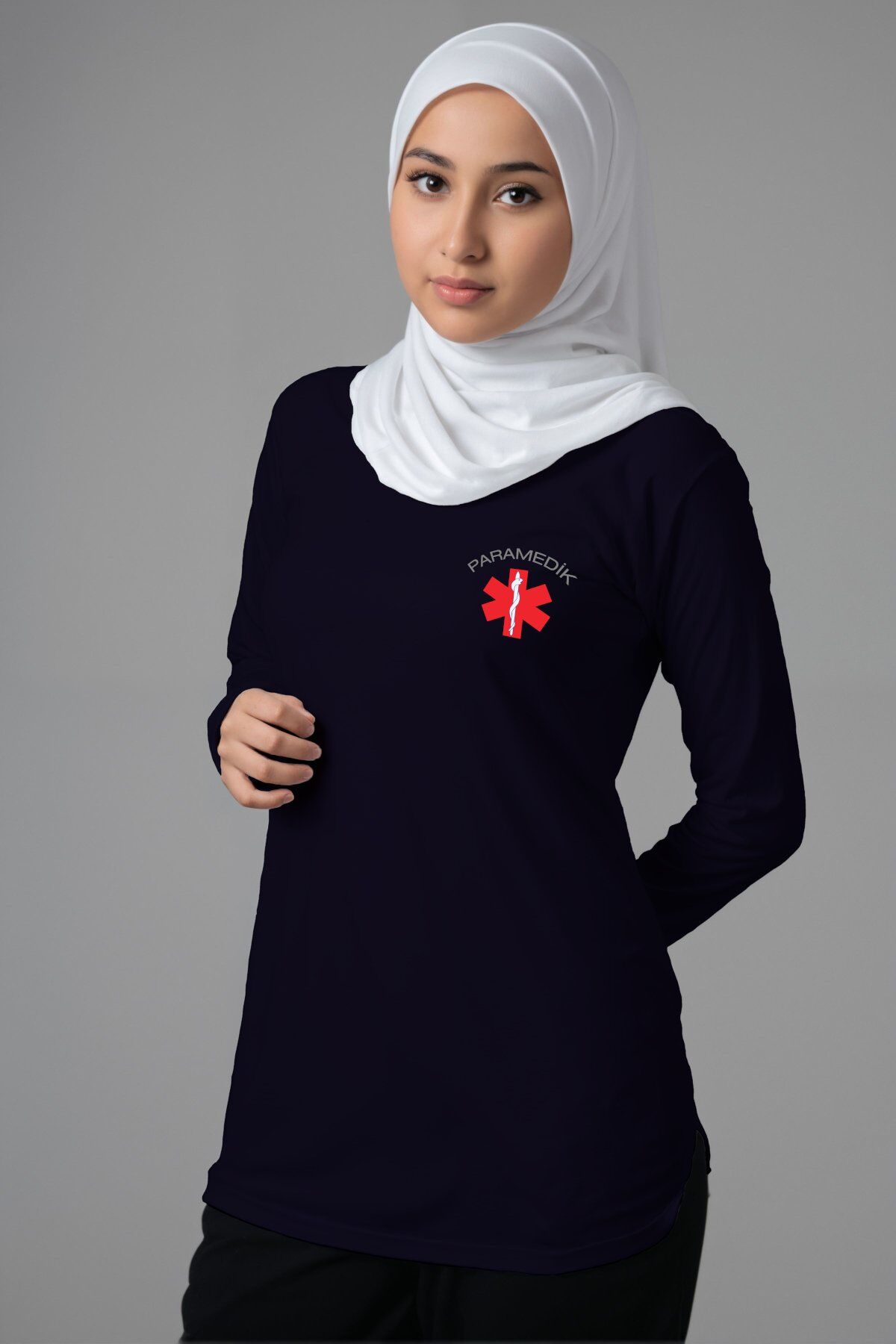 Lacivert Paramedik Tesettür Bisiklet Yaka Uzun Boy Penye Tişört