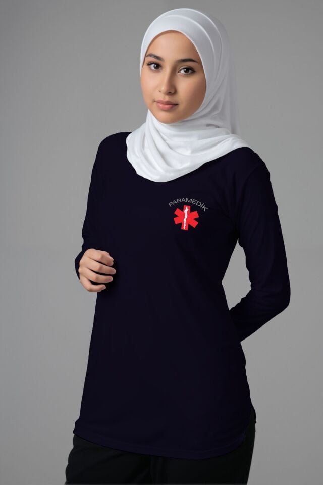 Lacivert Paramedik Tesettür Bisiklet Yaka Uzun Boy Penye Tişört