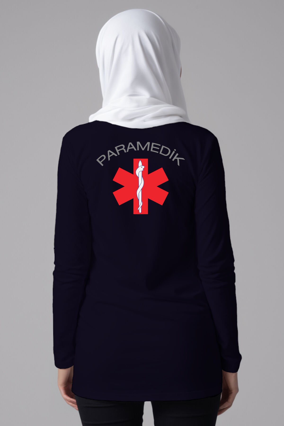 Lacivert Paramedik Tesettür Bisiklet Yaka Uzun Boy Penye Tişört