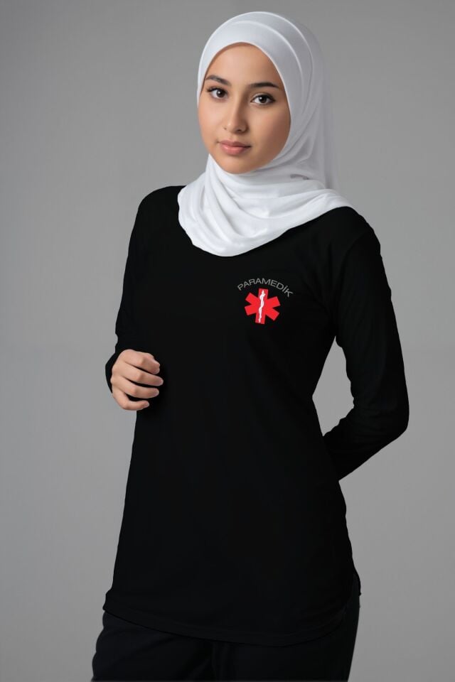 Siyah Paramedik Tesettür Bisiklet Yaka Uzun Boy Penye Tişört