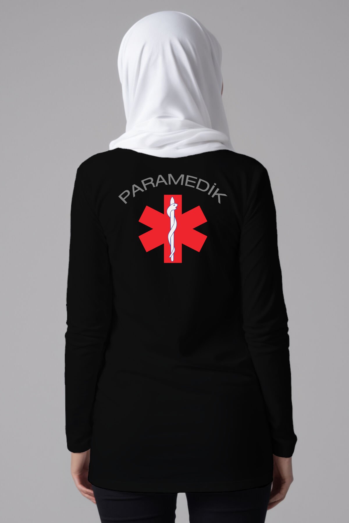Siyah Paramedik Tesettür Bisiklet Yaka Uzun Boy Penye Tişört
