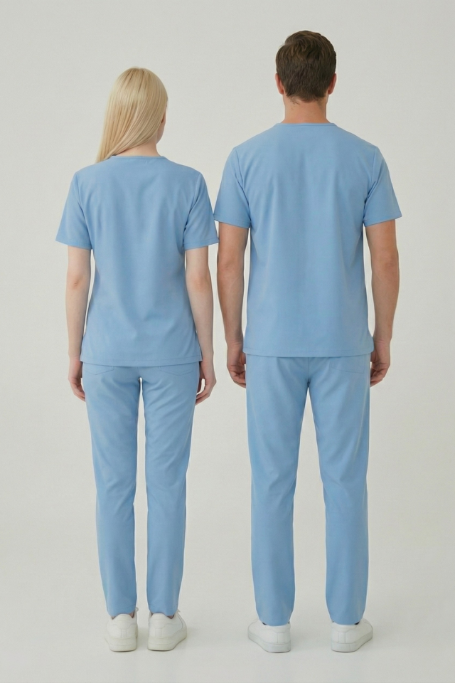 Alaskan Blue Likralı Scrubs Doktor Hemşire Forması Yarasa Kol Takım Unisex