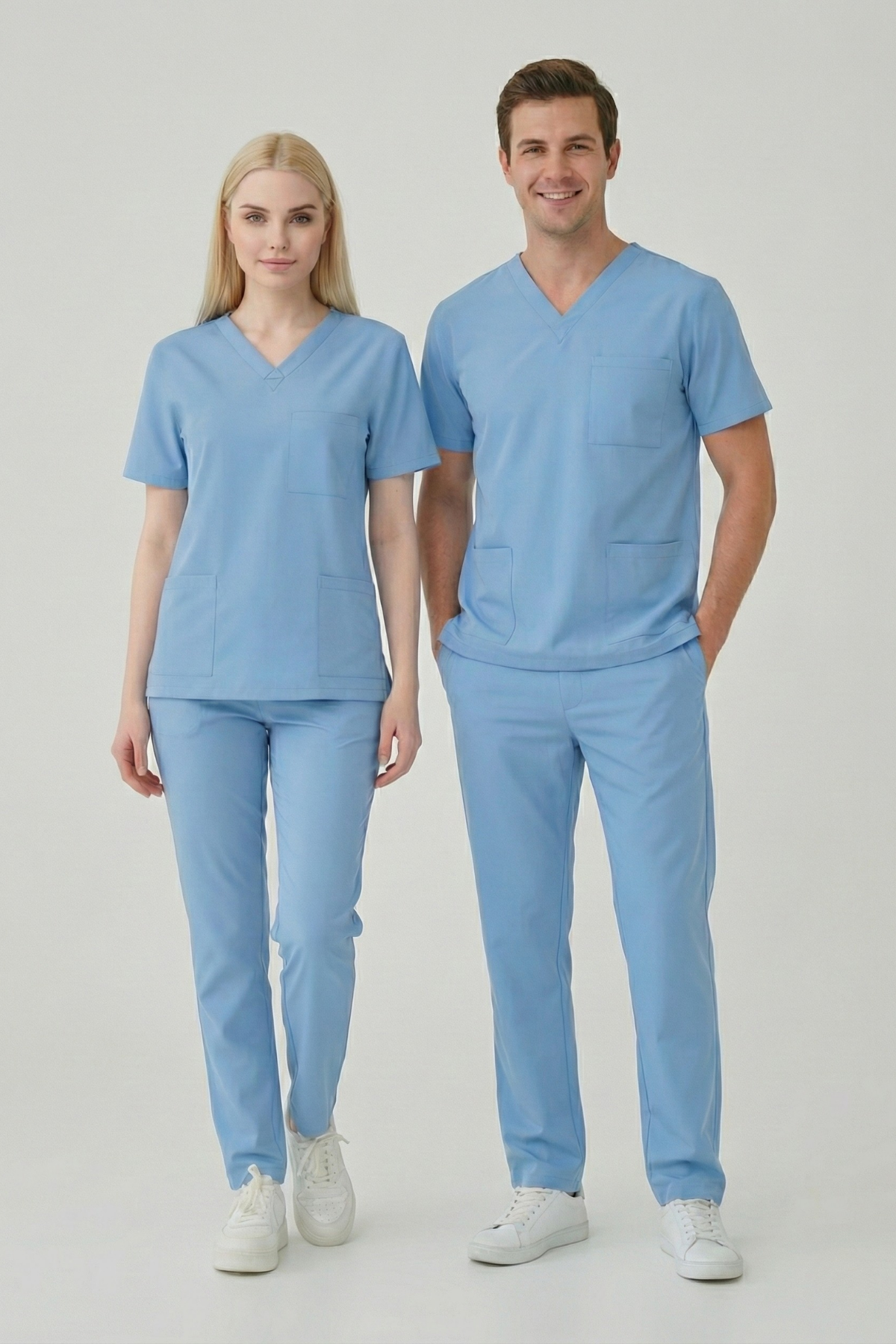 Alaskan Blue Likralı Scrubs Doktor Hemşire Forması Yarasa Kol Takım Unisex