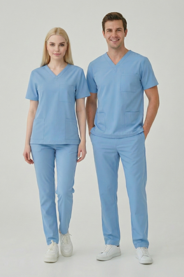 Alaskan Blue Likralı Scrubs Doktor Hemşire Forması Yarasa Kol Takım Unisex
