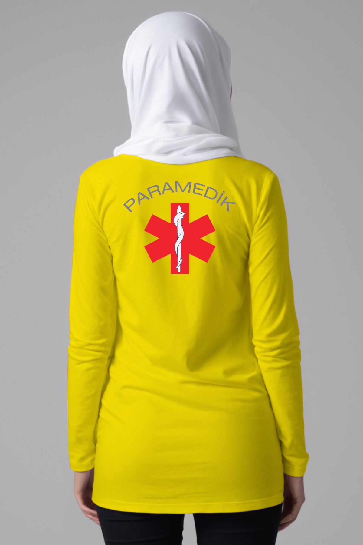Sarı Paramedik Tesettür Bisiklet Yaka Uzun Boy Penye Tişört