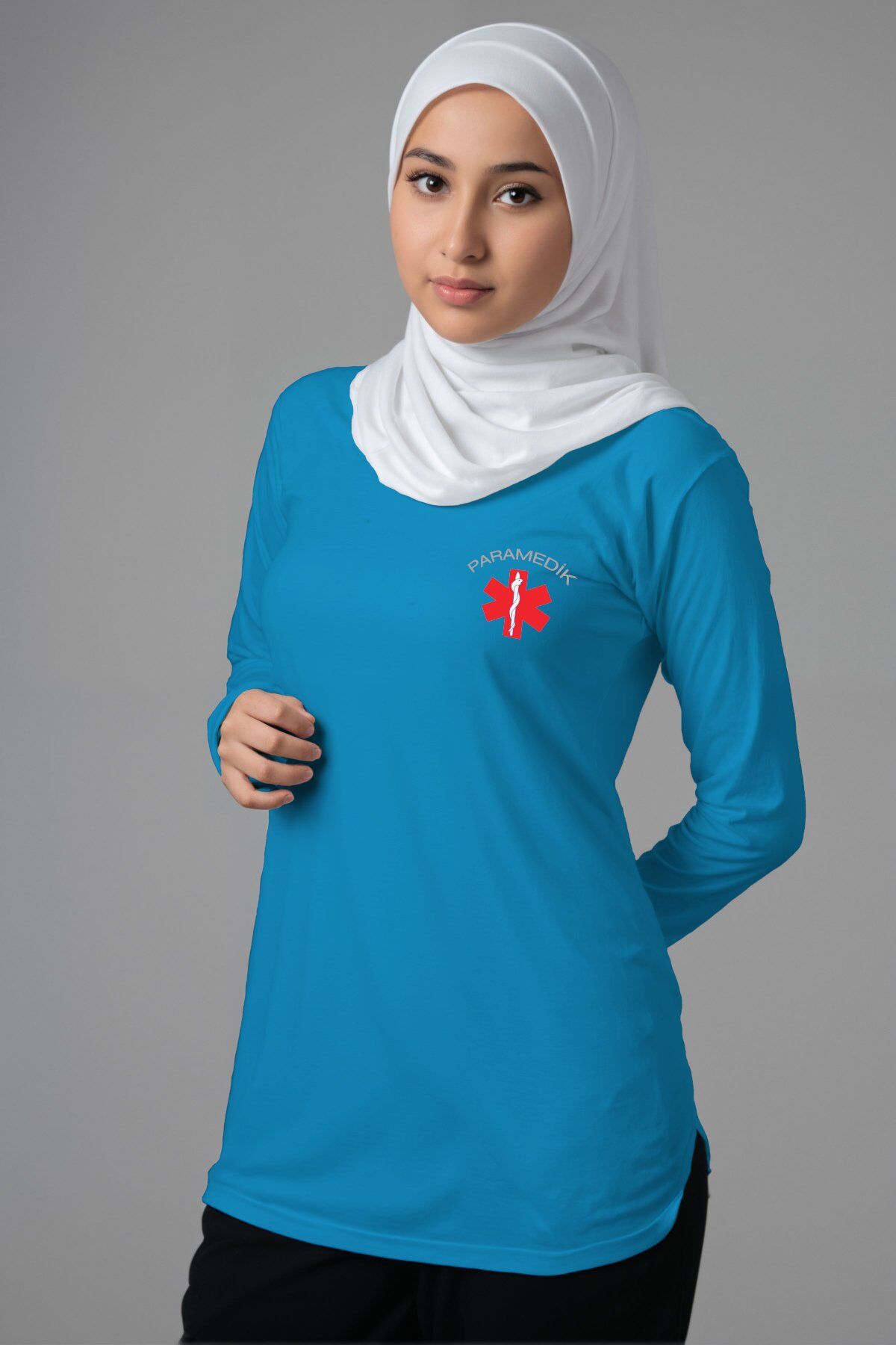Turkuaz Paramedik Tesettür Bisiklet Yaka Uzun Boy Penye Tişört