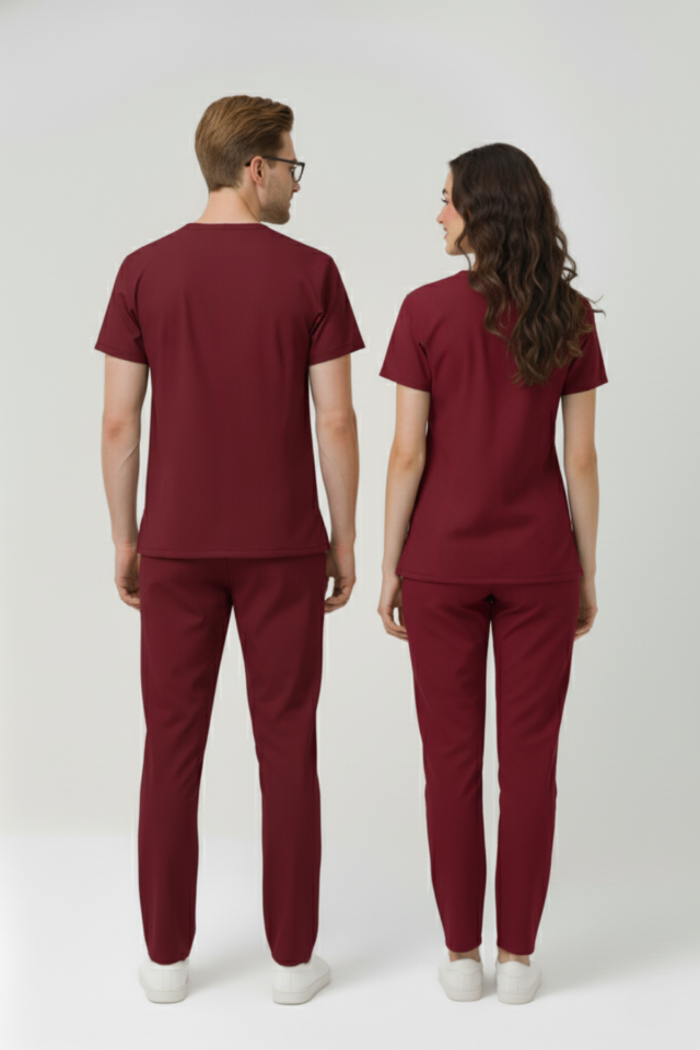 Biking Red Likralı Scrubs Doktor Hemşire Forması Yarasa Kol Takım Unisex