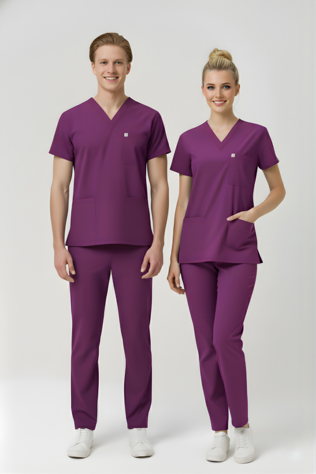 Byzantium Likralı Scrubs Doktor Hemşire Forması Yarasa Kol Takım Unisex