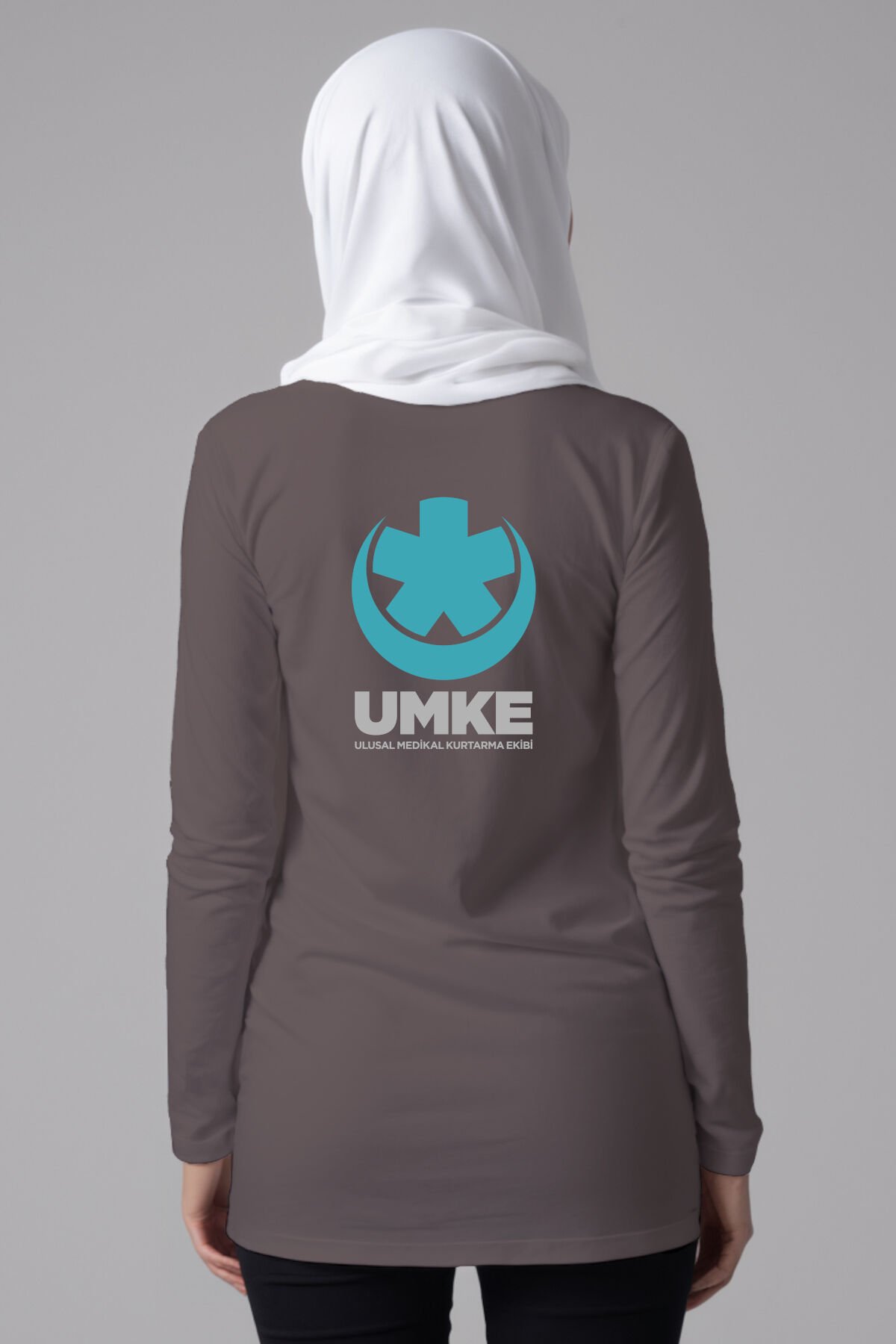 Gri UMKE Tesettür Bisiklet Yaka Uzun Boy Penye Tişört