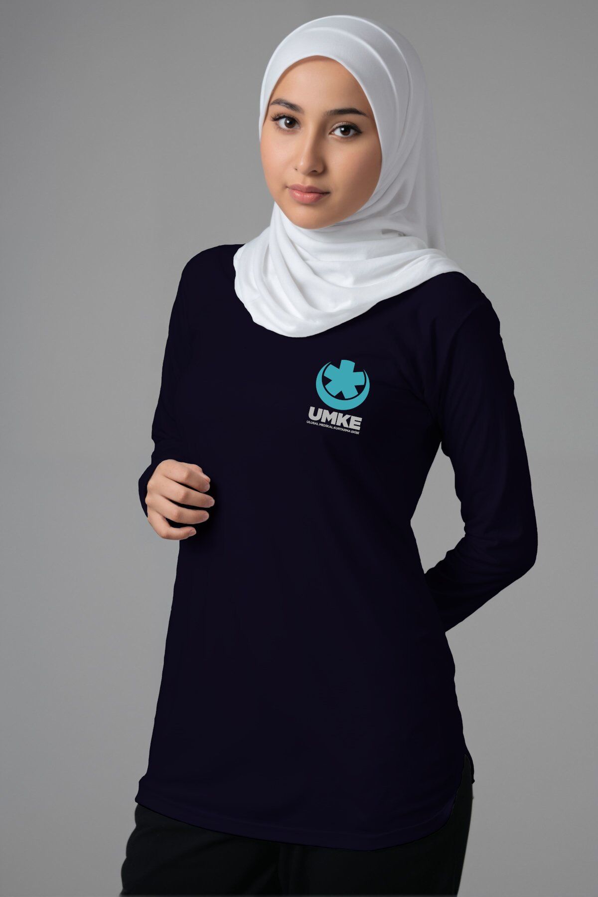 Lacivert UMKE Tesettür Bisiklet Yaka Uzun Boy Penye Tişört