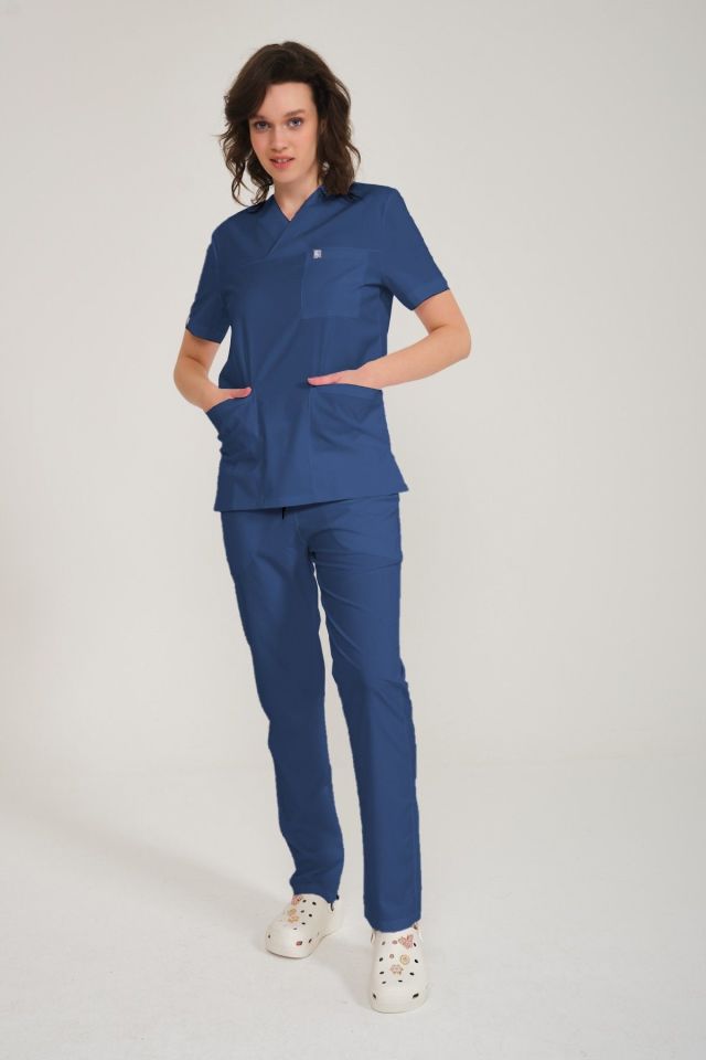 İndigo Likralı Zarf Yaka Scrubs Doktor Hemşire Forması Takım 2XS