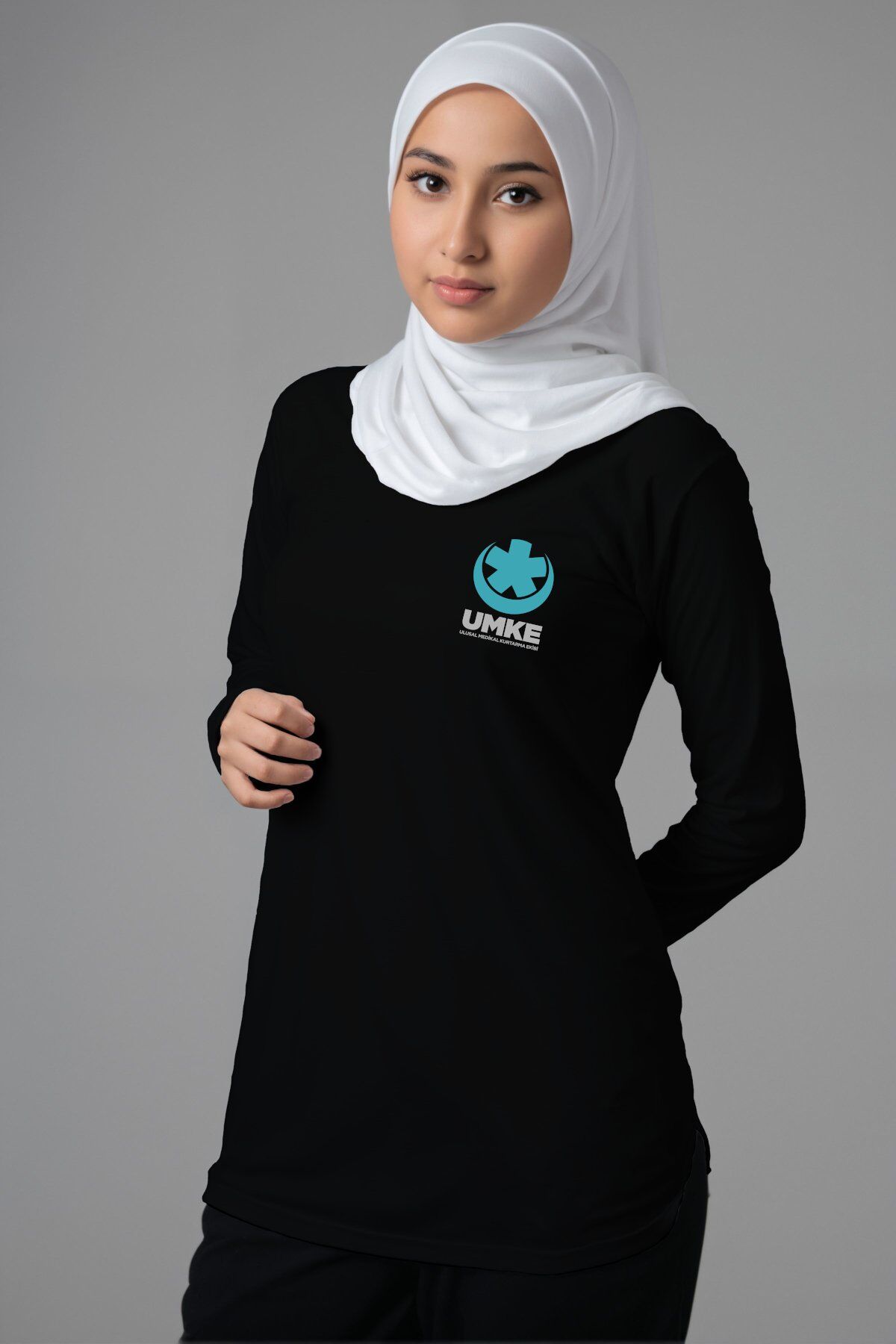 Siyah UMKE Tesettür Bisiklet Yaka Uzun Boy Penye Tişört