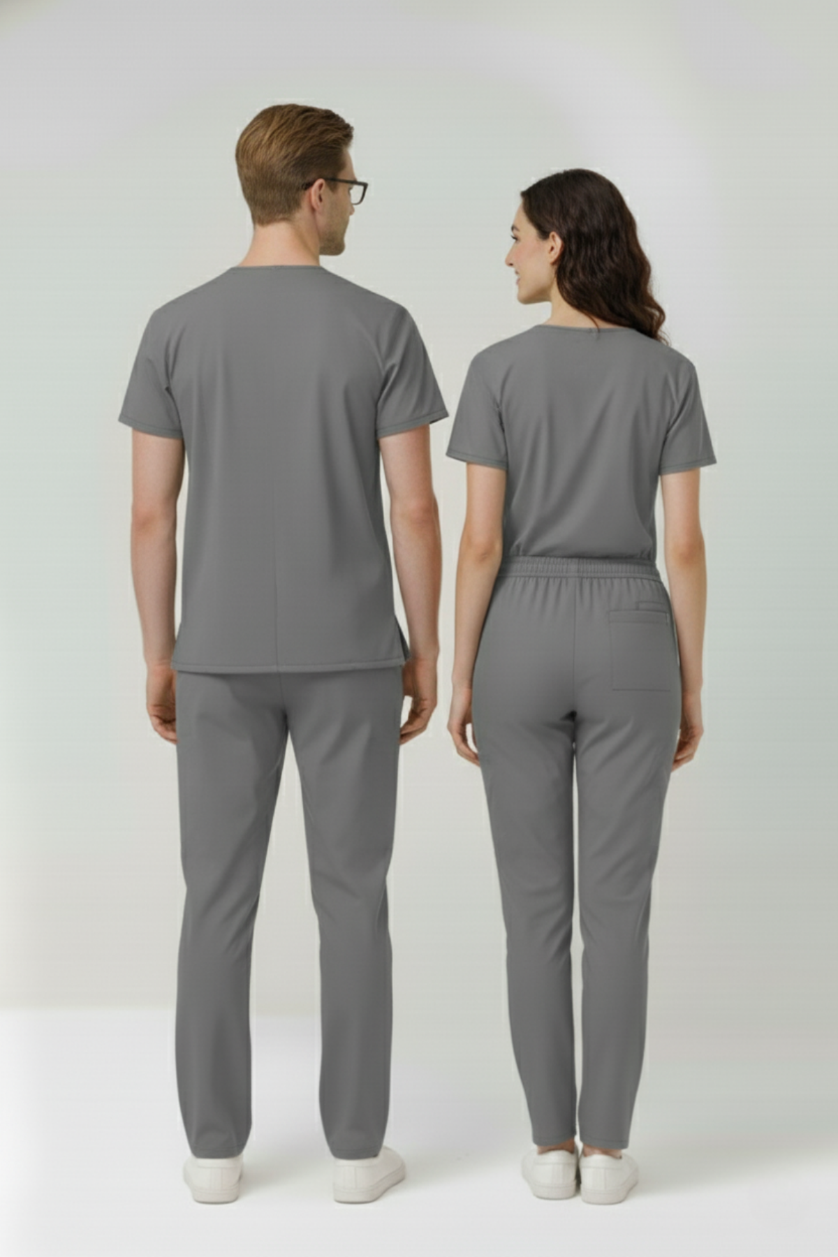 Neutral Gray Likralı Scrubs Doktor Hemşire Forması Yarasa Kol Takım Unisex