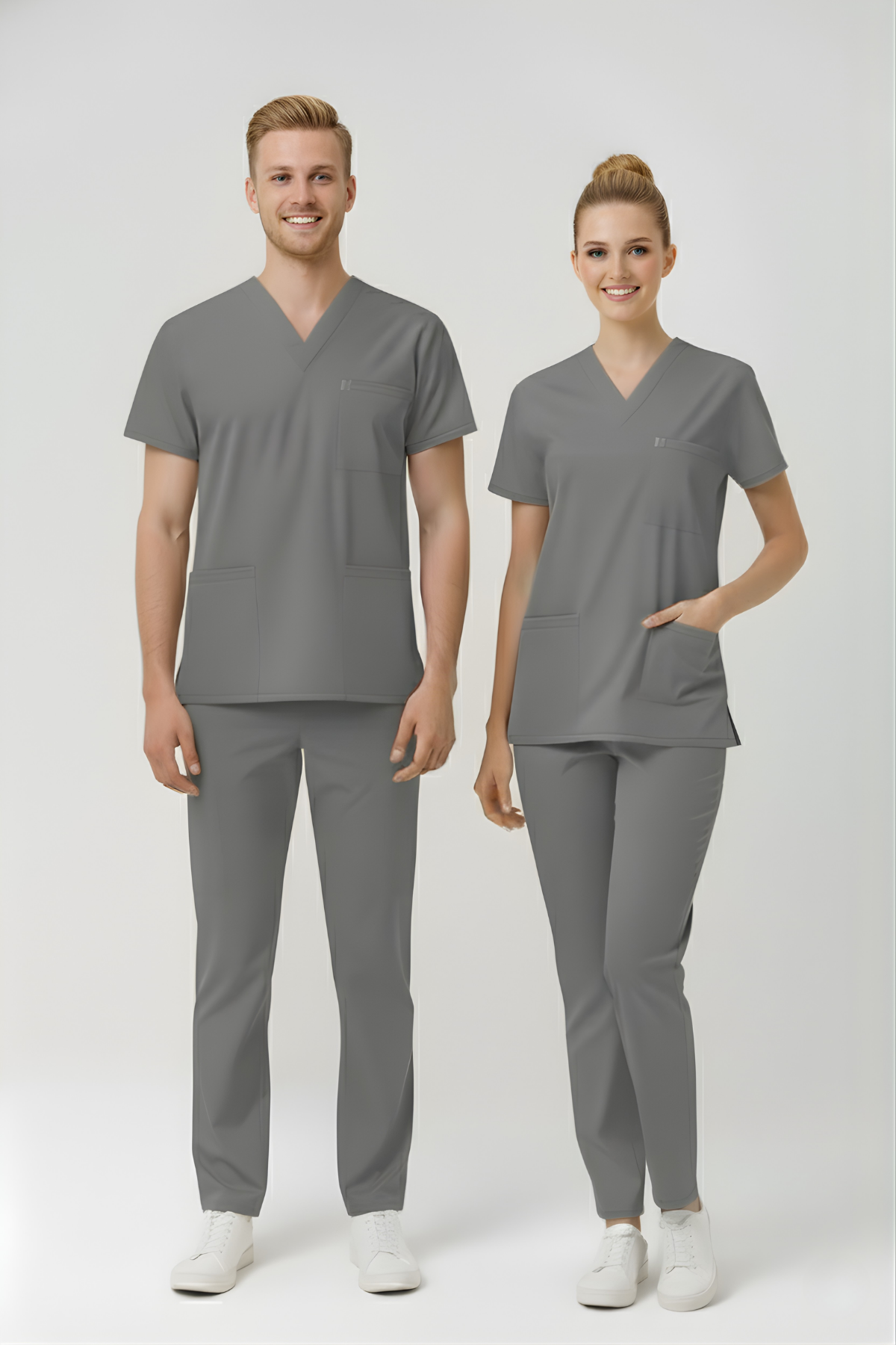 Neutral Gray Likralı Scrubs Doktor Hemşire Forması Yarasa Kol Takım Unisex